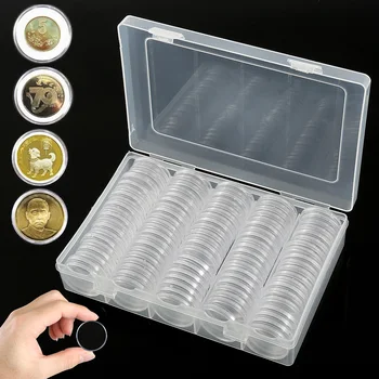 

100pcs Coin Cases Capsules Holder Case Clear Plastic Round Storage Box with Storage Organizer Box for Coin Collection Supplies