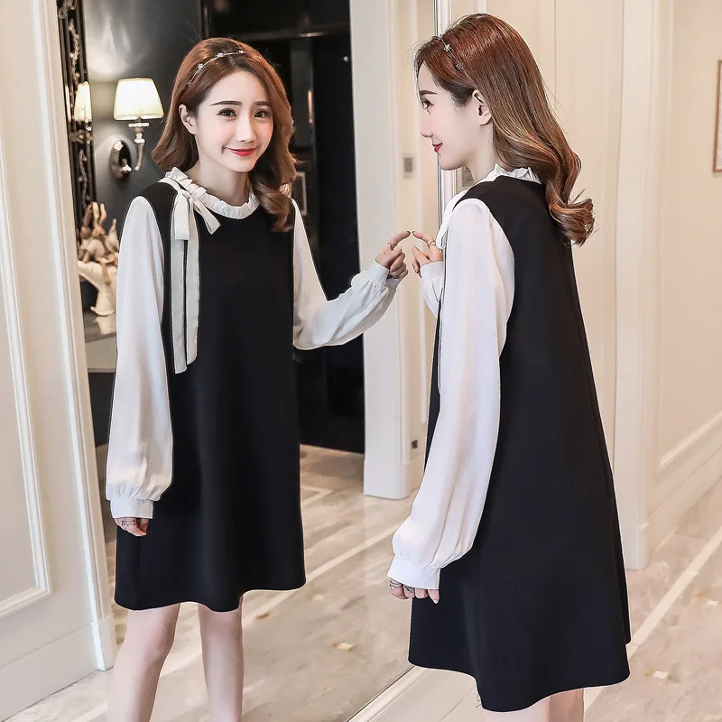 

2019 Spring New Style Korean-style Bow Mixed Colors Pregnant Women Loose-Fit Mid-length Dress