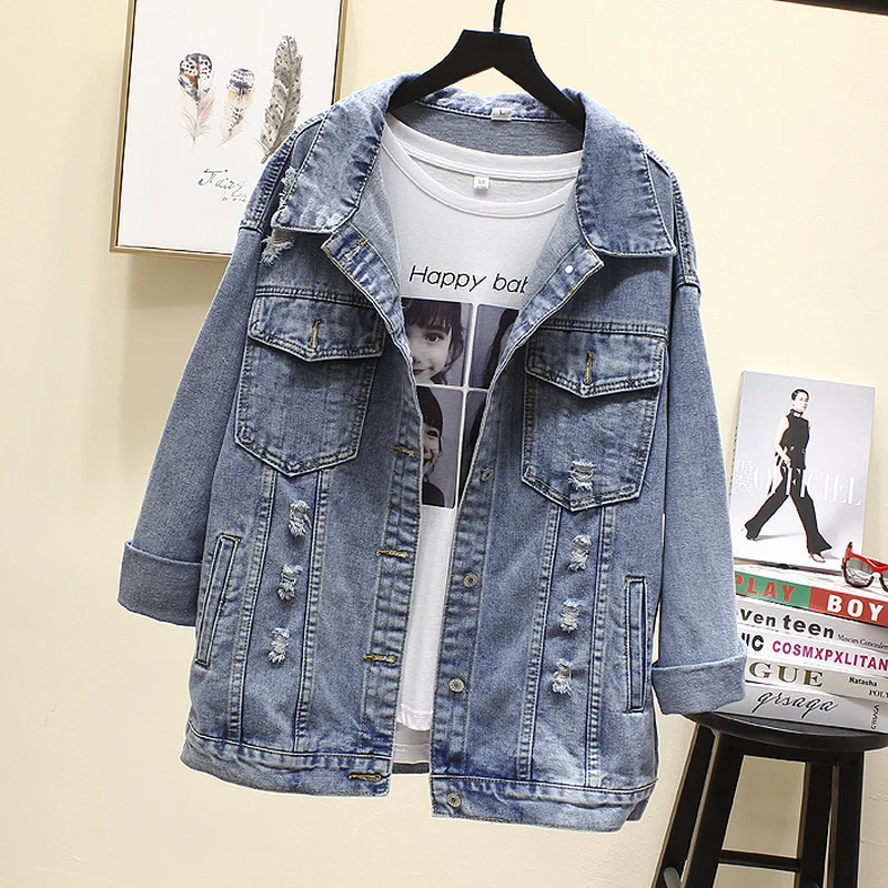 Women Denim Jacket Fashion Streetwear Letter Stylish 2021 Chic  Printed Ripped Holes Jean Patchwork BF Style Jeans Female Coat