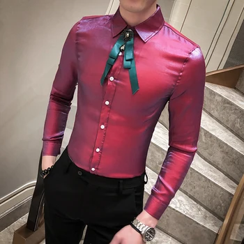 

2020 Summer Fashion Solid Long Sleeve Shirt Men Nightclub Bar Barber Casual Evening Dress Shirt