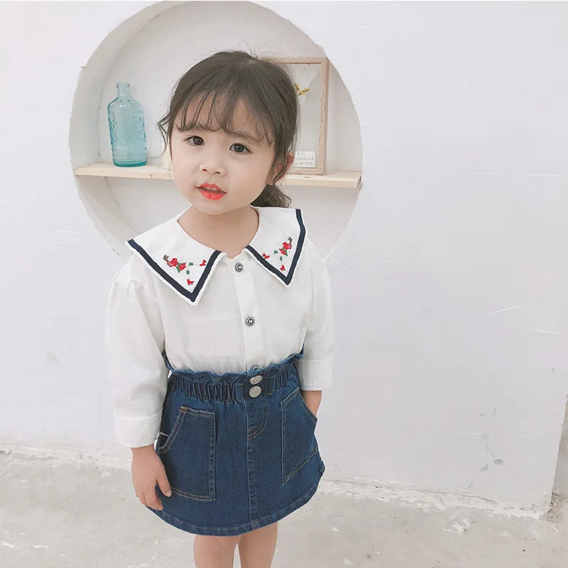 A mu hou/Детская рубашка г. Новая весенняя продукция, рубашка для девочек с воротником в морском стиле хлопковая Детская рубашка с вышивкой и длинными рукавами