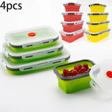 4 PCS 실리콘 접을 수있는 도시락 상자 휴대용 음식 콘테이너 Microwavable 다 수용량 피크닉 야영 직사각형 옥외 상자