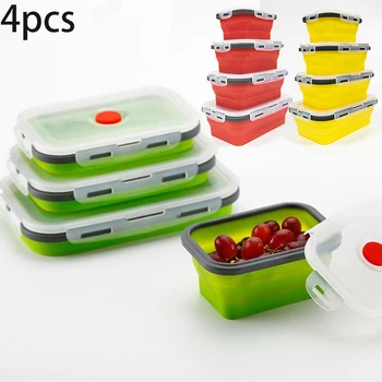 

4 PCS Silicone Collapsible Lunch Box Portable Food Container Microwavable Multi Capacity Picnic Camping Rectangle Outdoor Box