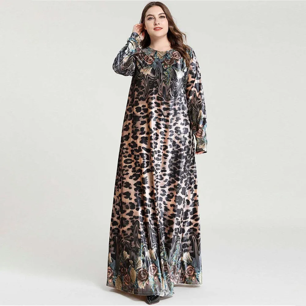 

Winter Abaya kimono Muslim Dress Women Leopard Print Dubai Long Dresses Islamic Clothing Oversize 4XL Long Sleeve Fall 2019 Robe