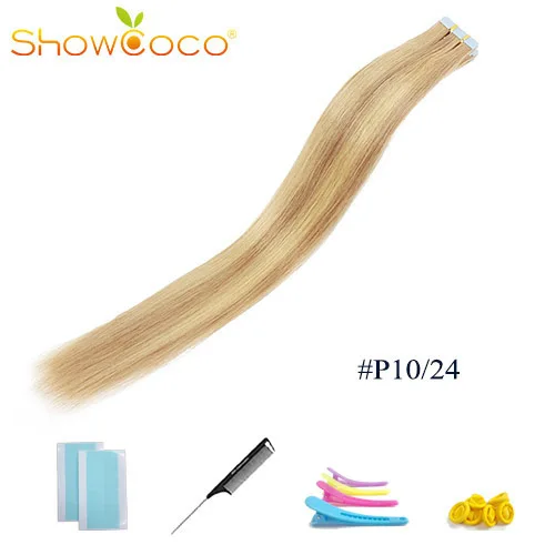 ShowCoco ленты в режиме реального Пряди человеческих волос для наращивания Реми Невидимый Двусторонняя голубая лента темно-Цвета натуральная расширение для тонких волос - Цвет: P10 24