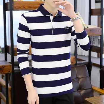 

Men's polo shirt long-sleeved t-shirt 2020 new trend Japanese version with collar Korean handsome striped shirt autumn tide