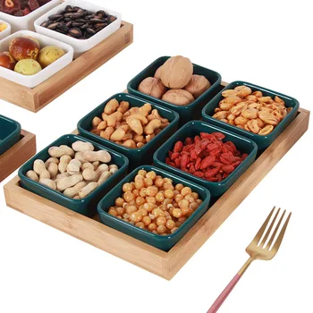 

Japan Style Ceramic Fruits Plates with Bamboo Serving Tray Home Desserts/Nuts Plates Creative Snacks Plates Sauce Dish