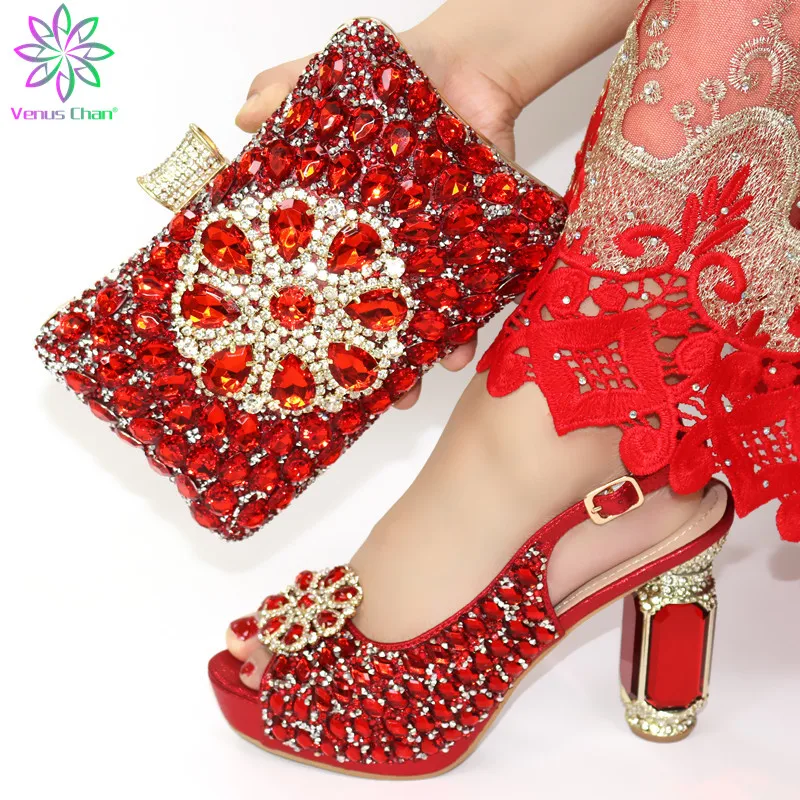 Красивый комплект из туфель и сумочки в африканском стиле г., комплект из итальянских туфель красного цвета, украшенный стразами, высокое качество - Цвет: Красный