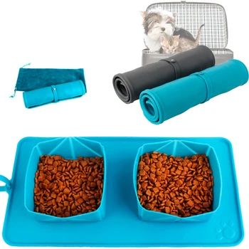 

Foldable Pet Bowl Safe Non-Toxic Dog Cat Double Bowl Outdoor Travel Pet Bowl Storage Velvet Bag Pet Folding Feeder Water Bowl