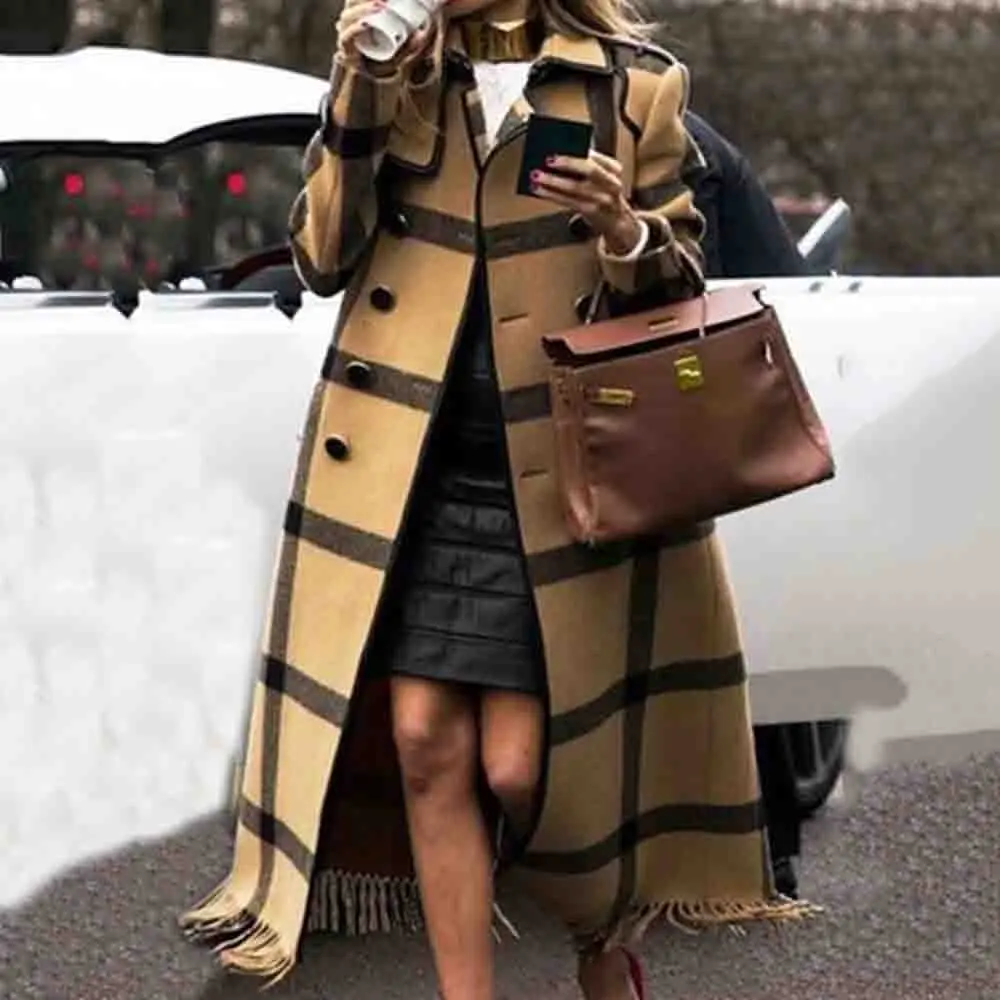 

Fall Winter Thin Plaid Wool Coat Women Overcoat Vintage Woolen Blends Graphics Long Coats Plus Size Office Ladies Outwear 2019
