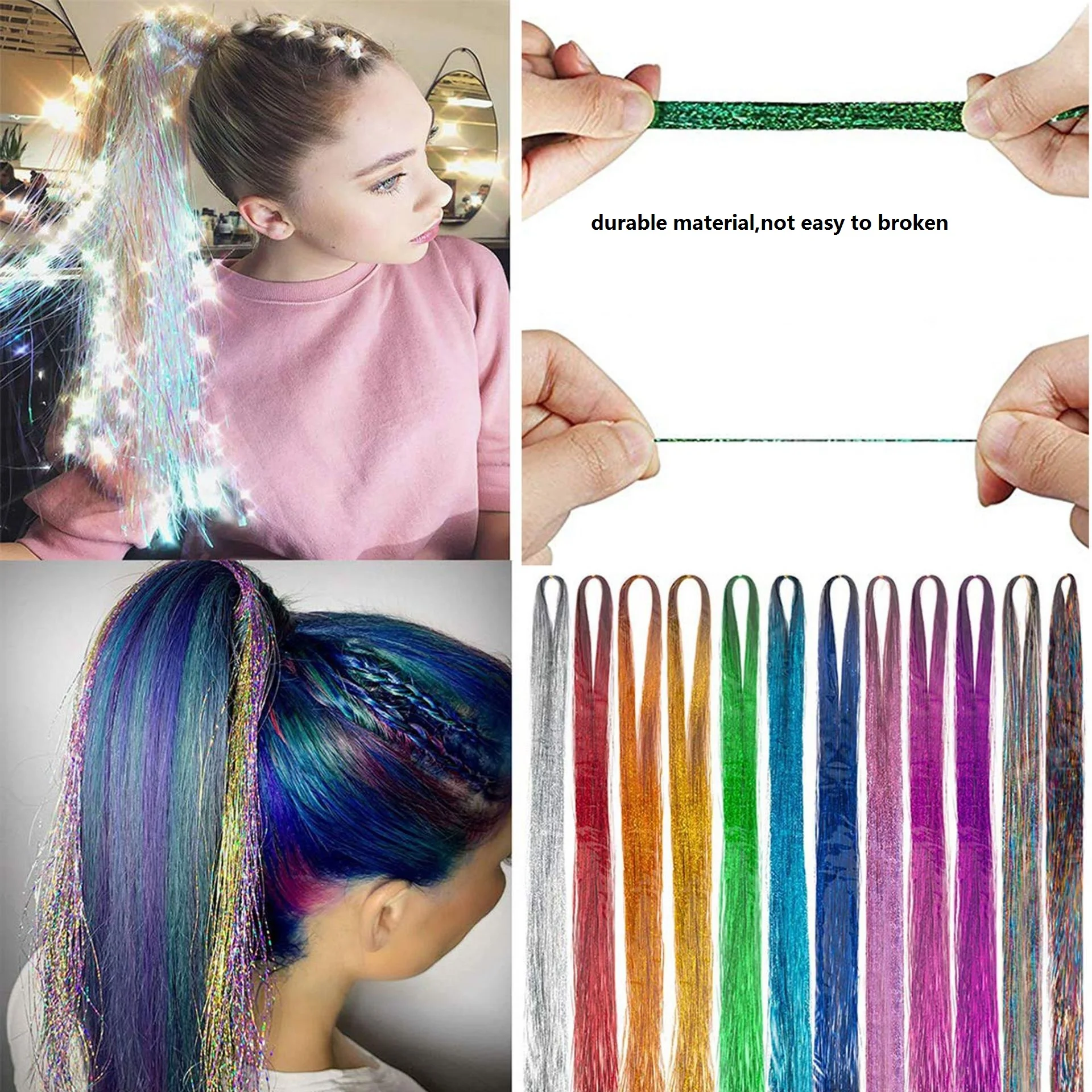

Tinsel Sparkle synthetic hair extension 150 Strands 100cm Holographic Glitter Colorful laser silk Rainbow For Girls And Party