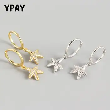 

YPAY 100% Real 925 Sterling Silver Earrings for Women Europe INS Zircon Starfish Pendant Hoop Earring Fine Jewelry Gifts YME761