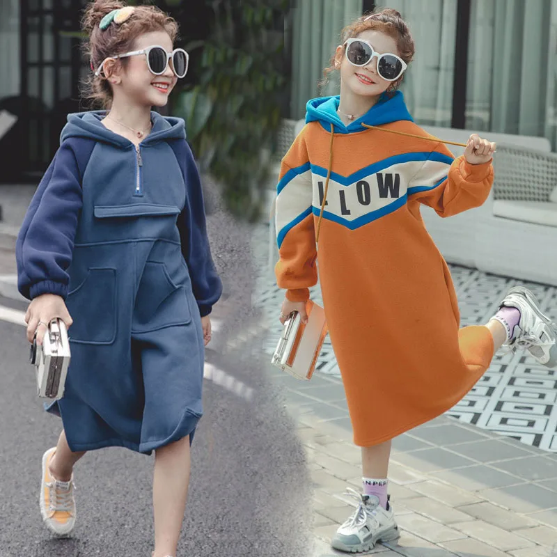 Детский свитер для девочек, платье с капюшоном зимний флисовый плотный теплый детский длинный свитер, платье, одежда детская одежда 8 10 12 лет