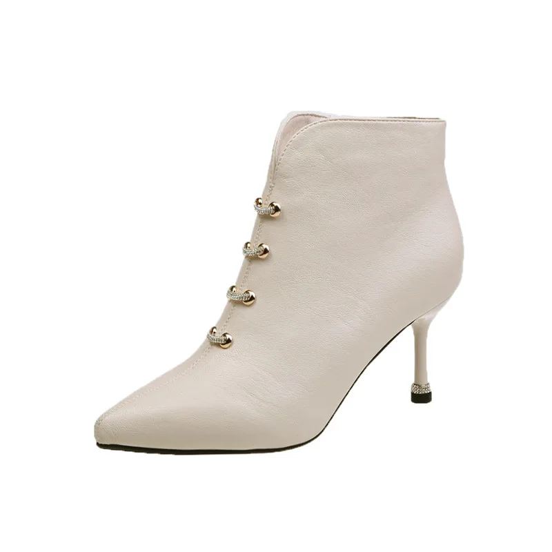 Winter Leather Martin Boots Women'S Shoes Plus Velvet To Keep Warm For Women Side Zipper High Heel Snow Boots Cotton Boots - Color: beige