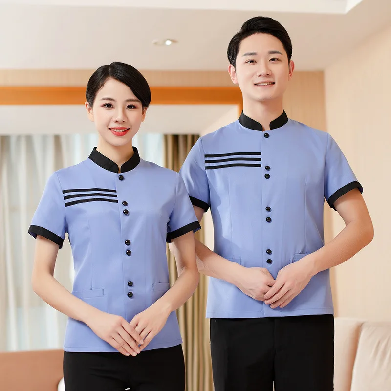 

Hotel Work Uniform Top Men Women Housekeeping Cleaning Summer Short Sleeve Breathable Striped Pattern Greaseproof Uniform Top