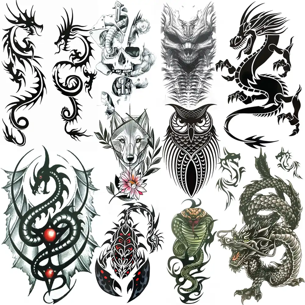 Black Animal Temporary Tattoo Dragon Snake Owl Wolf Fake Tattoo Sticker Evil Death Skull Demon Arm Tattoo For Women Men Children Temporary Tattoos Aliexpress