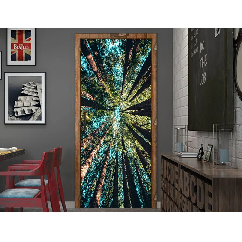 3D принт, зеленый большой лес, водонепроницаемая наклейка на всю дверь, креативная наклейка на дверь s, наклейка на стену, сделай сам, Фреска для спальни, домашний декор