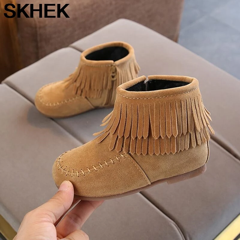 

SKHEK Girls Ankle Boots Princess Sweet Red Pink Black Flock Fabric Warm Rubber Boots For Toddler Kids Cotton-padded Tassels