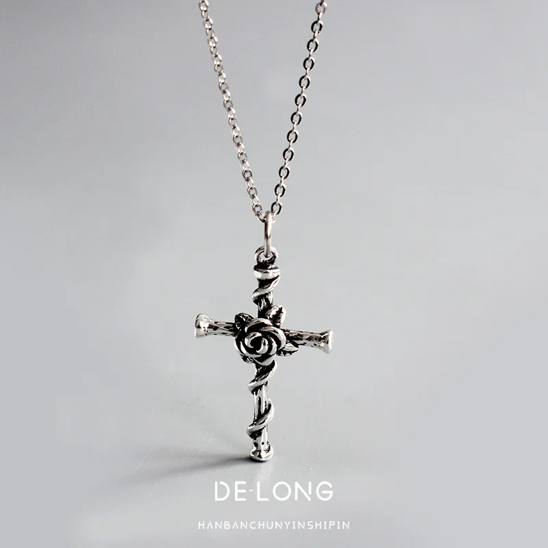 

Retro Retro Rose Cross Necklace S925 Fine Silver Cool Trend Women's Choker Korean-style Accessories