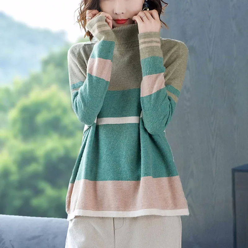 Color Matching Sweater Women's Loose High Neck Thick Sweater Women Long Sleeve Commute Turtleneck Knitted Tops Casual Pullover Color Matching Sweater Women's Loose High Neck Thick Sweater Women Long Sleeve Commute Turtleneck Knitted Tops Casual Pullover