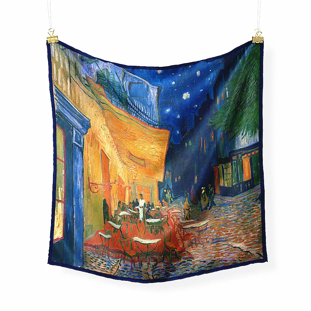 

53cm Van Gogh Oil Painting Night Coffee Twill 100% Silk Scarf Women Square Scarves Shawls Foulard Bandana Hair Scarf Hijab