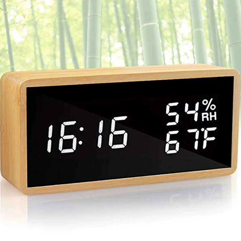 BMBY-Digital Alarm Clock Bamboo Wood Led Light Desk Alarm Clock Displays Time Date Temperature Humidity