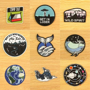 

Wave Patch Camping Mountain Iron On Patches On Clothes For Clothing Space UFO Embroidered Patches On Clothes DIY Hook Loop Patch