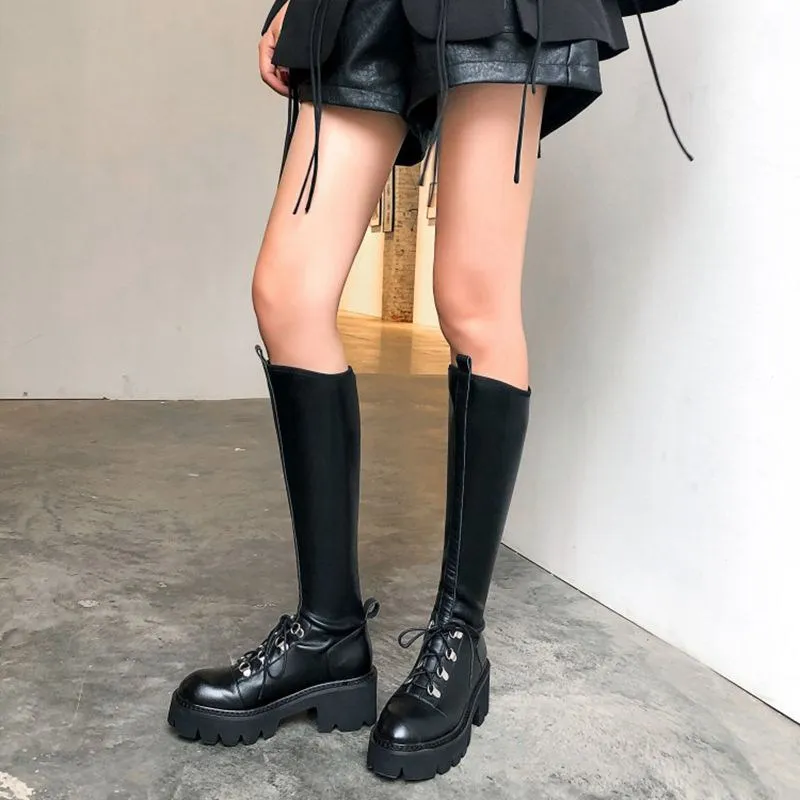 RIZABINA/модные высококачественные женские сапоги до колена обувь на платформе и толстом каблуке со шнуровкой зимняя теплая женская обувь, размеры 34-42