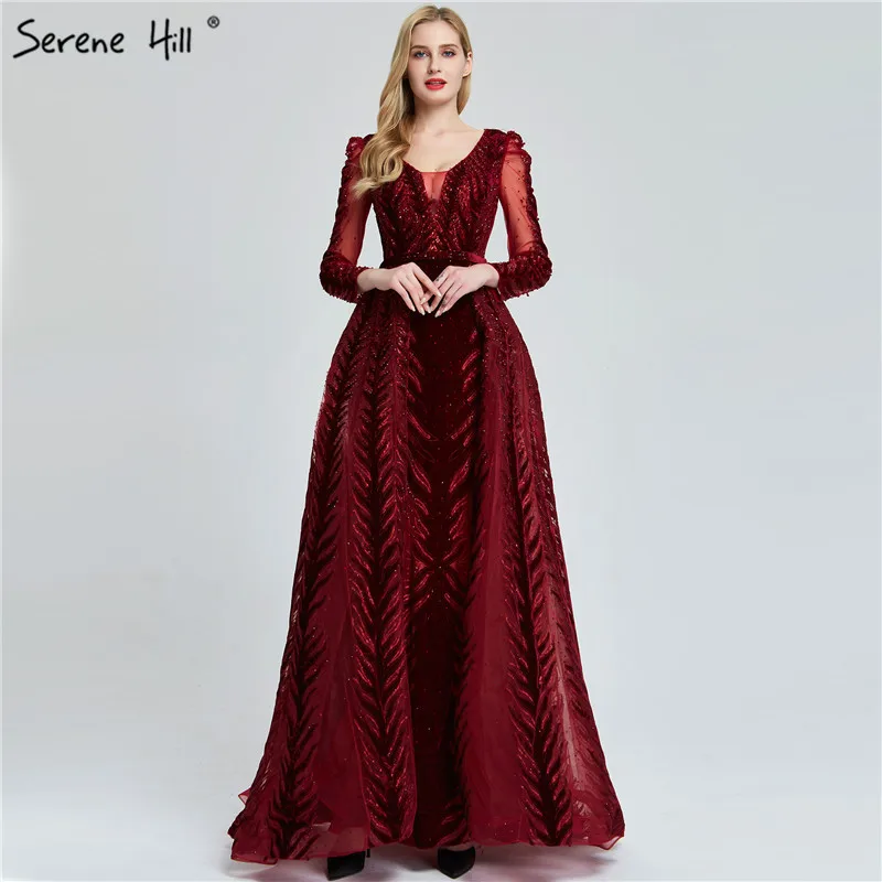 

Wine Red Luxury Long Sleeves Prom Dresses 2019 Latest Design V-Neck Beading Sequined Prom Gowns Serene Hill DLA60903