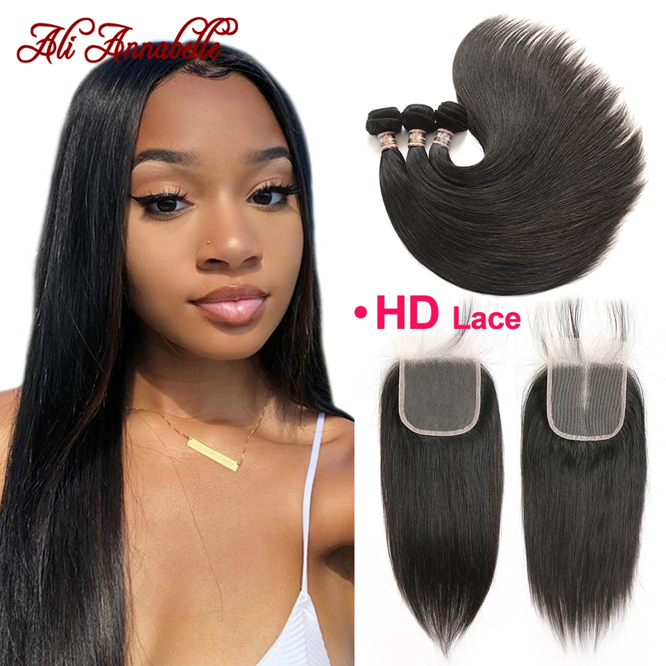 

HD Lace Closure with Bundles Malaysian Straight Hair Bundles With HD Lace 3 Bundles Human Hair with HD Closure Full Ends