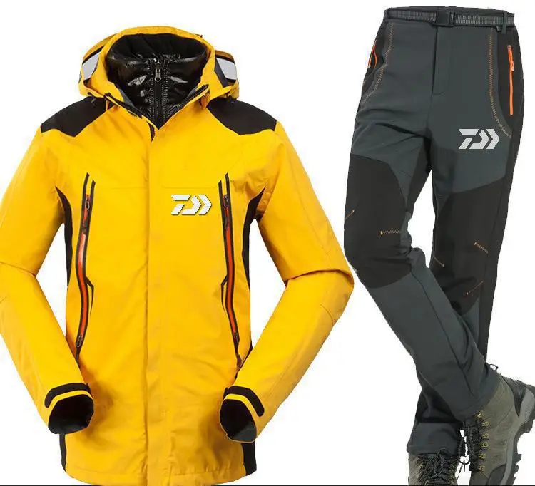 Daiwa2019 одежда для рыбалки осень зима мужские спортивные комплекты походные рыболовные куртки и рыболовные Штаны флисовые теплые уличные пуховые пальто - Цвет: Yellow Gray