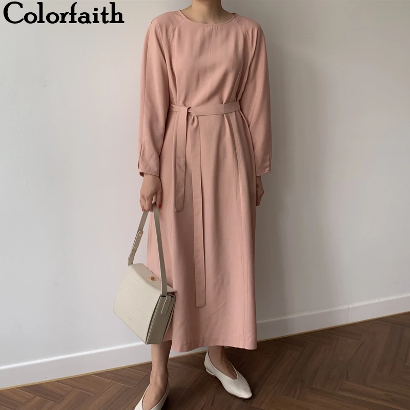 

Colorfaith New 2019 Autumn Winter Women Dresses Sashes Straight Fashionable Prairie Chic Elegant Casual Midi Pink Female DR2816