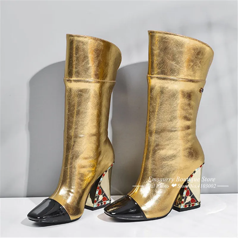 Gold Mid Calf Boot Women Autumn Spring Patchwork Black Square Toe Party Bottes Chunky Square High Heel Boots Woman Female - Цвет: Gold 1