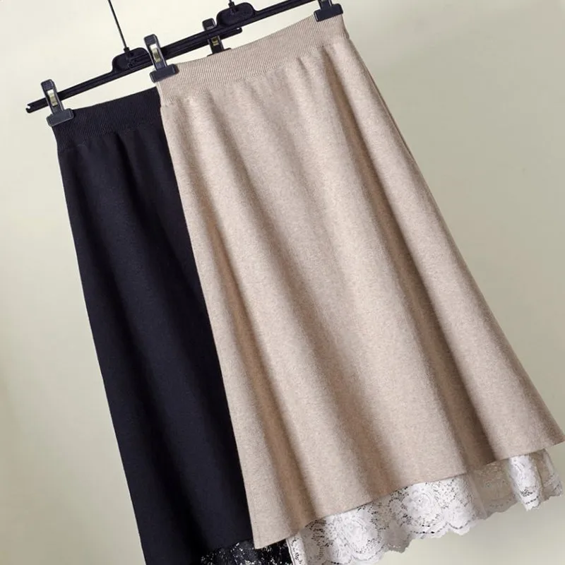 Двусторонняя одежда с высокой талией Hong Kong Ароматизированная шикарная кружевная трикотажная юбка Женская длинная секция Ретро тонкая юбка для похудения