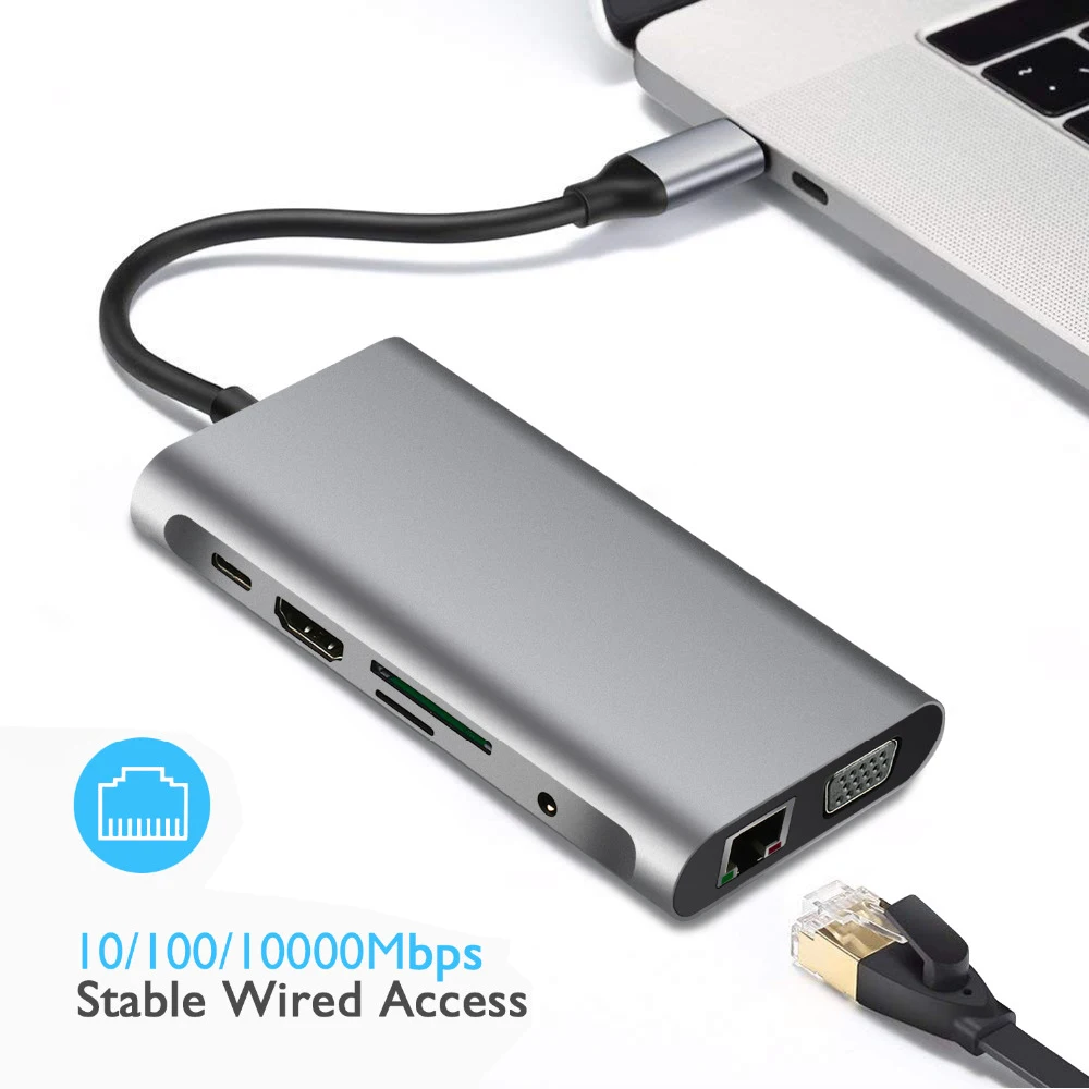 USB C концентратор к HDMI док-станция 10 в 1 Thunderbolt 3 type C адаптер USB 3,0 порт 4K HDMI 1080P VGA RJ45 Gigabit Ethernet для Macbook Pro