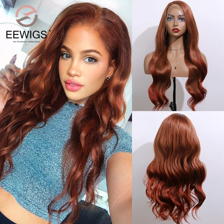 EEWIGS Glueless Aburn Copper Red Color Wig High Temperature Long Wavy