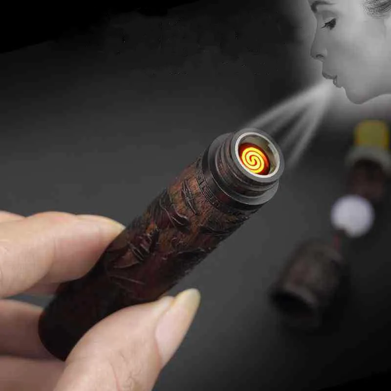

4 Styles Chinese Culture Lighter USB Charging Asher Sandalwood Carving Air-blowing Lighter Wind-proof Cigarette Tool Firefolder