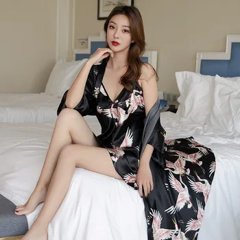 

Casual Sleep Suit 2PCS Sleepwear Print Women Nighty&Robe Set Nightgown Satin Bride Bridesmaid Wedding Robe Sexy Kimono Gown