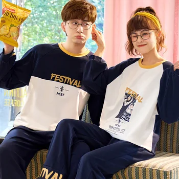 

Lover's Cotton Sleepwear Women Pajamas Set Couple Home Suit Simple Fashion Pijamas Casual Homewear Loose Nighty Pyjamas