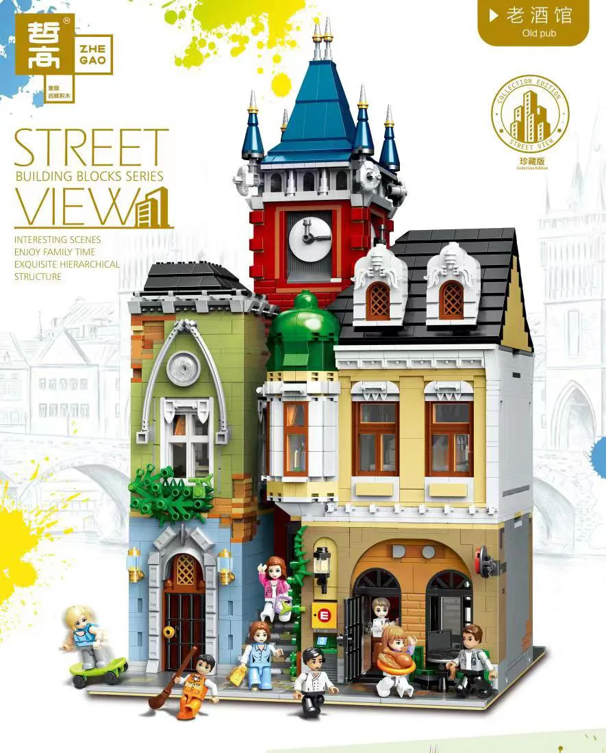 

Qun long zhe gao Ql0924 Old Tavern Creative City Commercial Street View Architecture Educational Assembled Building Blocks Toy M