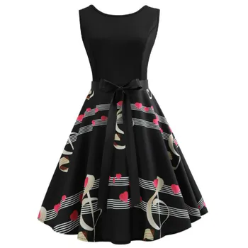 

Summer Dress Women Casual Music Note Print Hepburn Robe Retro Swing Vintage Dress Elegant Sleeveless Sexy Party Dresses Vestidos