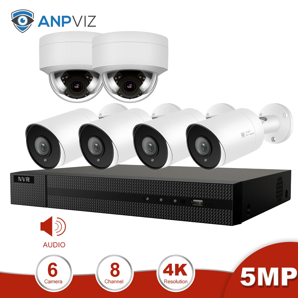 2 Dome 4 Bullet Kit Anpviz 8CH 4K NVR 5MP купол и цилиндрическая PoE Комплект ip-камеры с аудио дома/на открытом воздухе системы безопасности CCTV видеонаблюдение NVR комплект - Цвет: 2 Dome 4 Bullet Kit