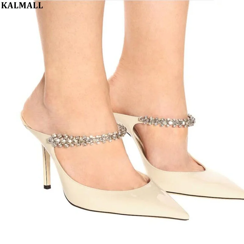 

KALMALL Celebrity Crystal Strap High Mules Patent Leather Sandals Pointed Toe Slingbacks Party Heels Shoes Women