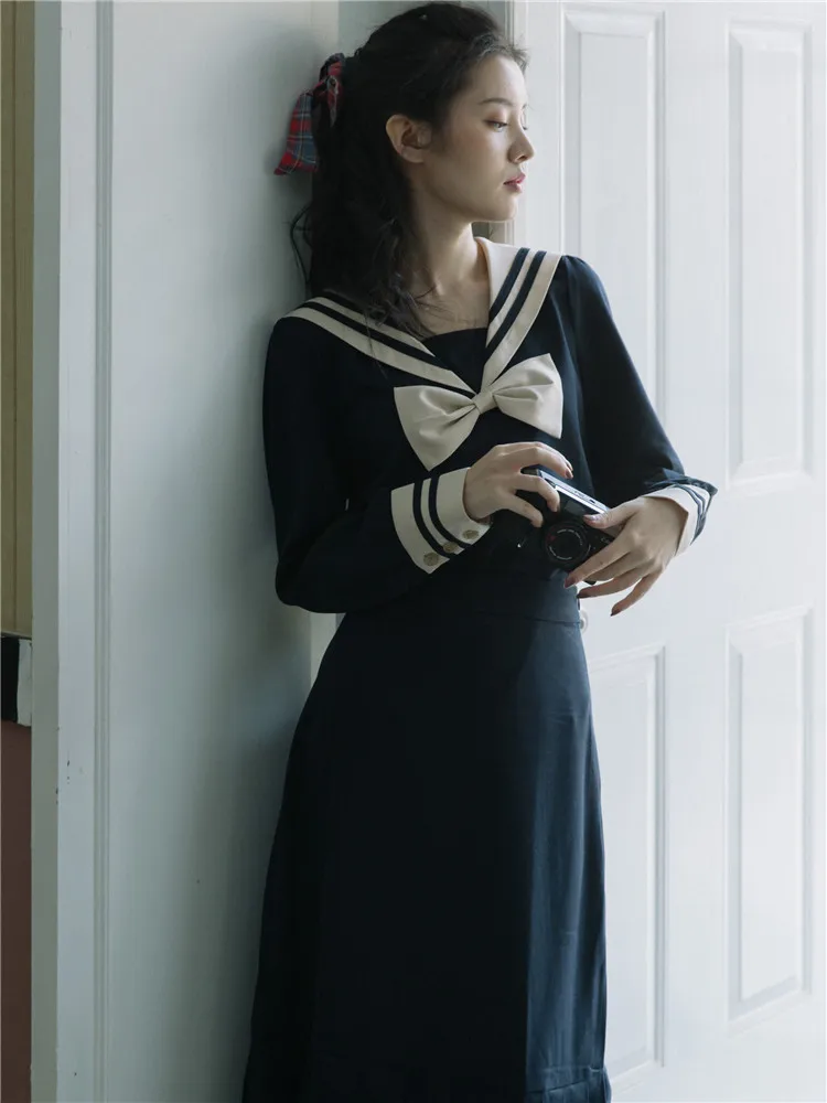 

Women Two Piece Outfits 2020 Japan Style Sailor Collar Bow Long Sleeve Shirt & Pleated Maxi Skirt Lady Navy Blue Matching Sets