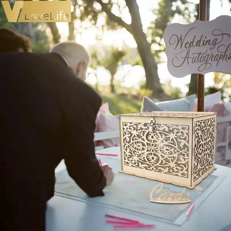 DIY Wooden Wedding Card Lock Box Gift Money Box With Beautiful Wedding Decoration Supplies For Birthday Party Storage Money