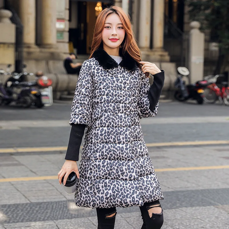 

2019 Rex Rabbit Fur Fold-down Collar Thousands of Birds Leopord Pattern Mid-length down Cotton Coat Women's Versatile Fashion Co