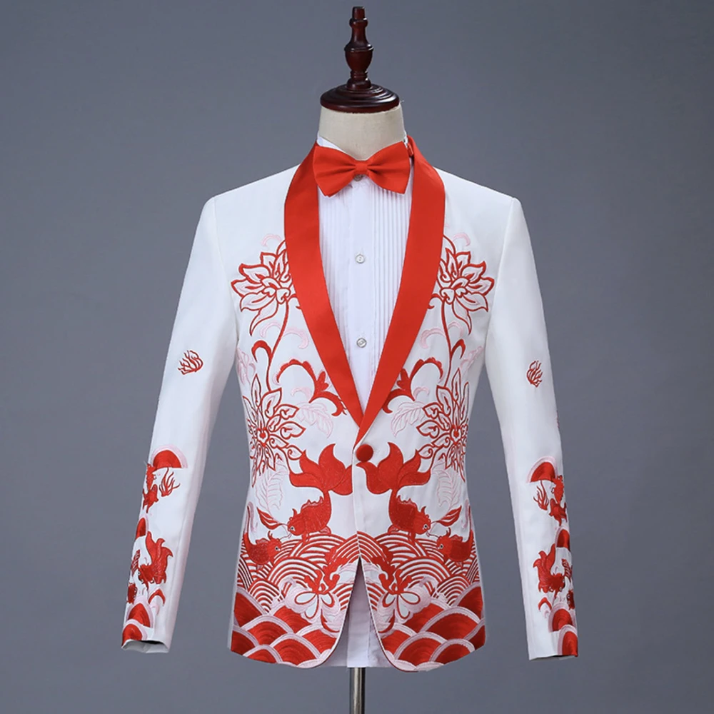 White Red Мужской сценический костюм для выступлений, вышитый синий и белый фарфор, китайский мужской пиджак ele ts, блейзер для свадебной вечеринки - Цвет: White Red