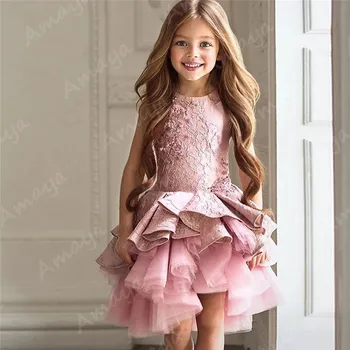

Amaya High low Ruffles Skirt Flower Girl Dresses Top Lace Appliques Girl Pageant Dress Lace Applique Knee Length Bride Dress