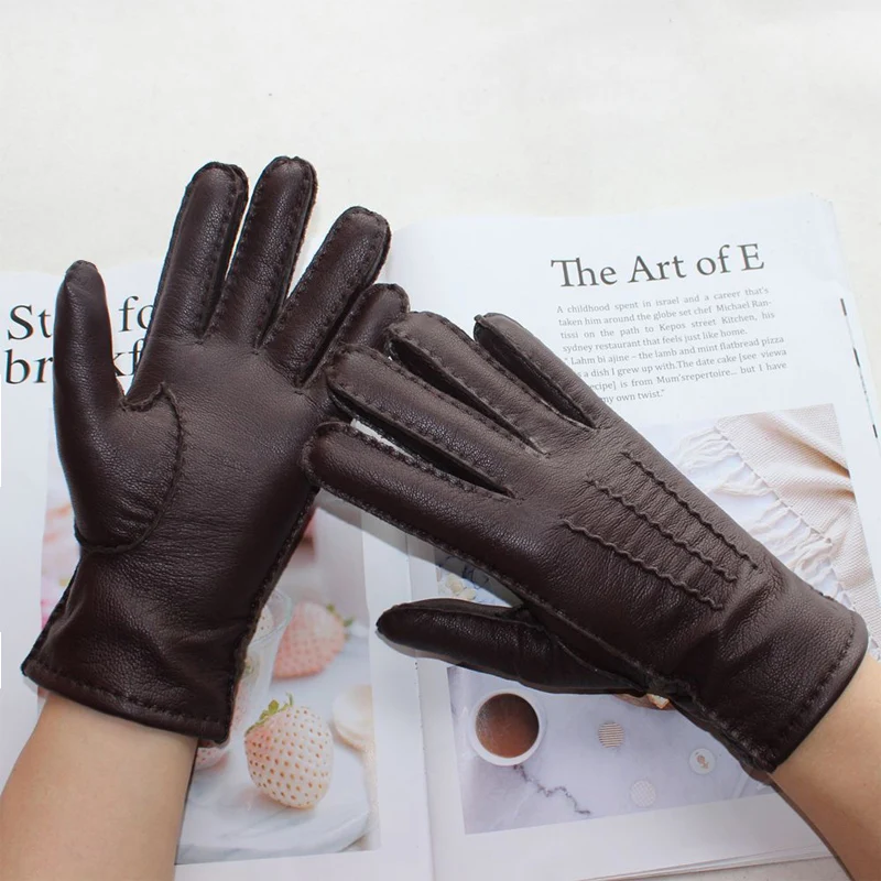 New women's deerskin gloves leather color fashion wool knitted lining hand-stitched outdoor driving and cycling warm gloves