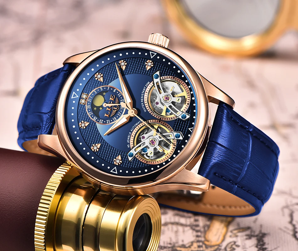 LIGE новые мужские часы автоматические механические часы Tourbillon часы из натуральной кожи водонепроницаемые деловые часы Relogio Mascul